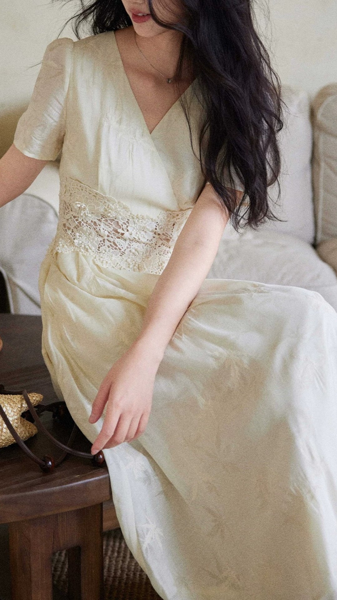 Cream V-Neck Lace Waist Tencel Maxi Dress