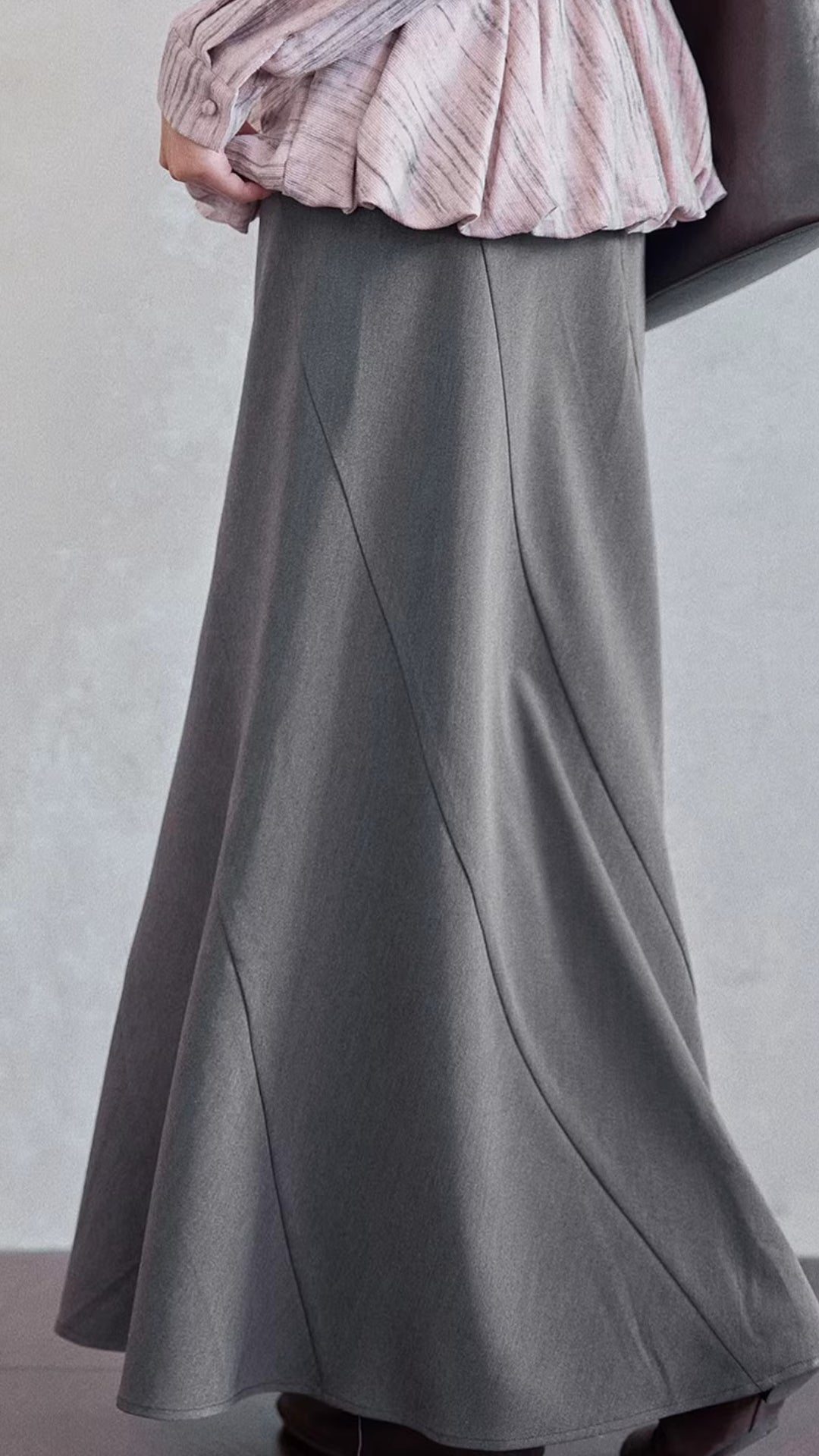 Elegant Gray High Waist Flared Midi Skirt