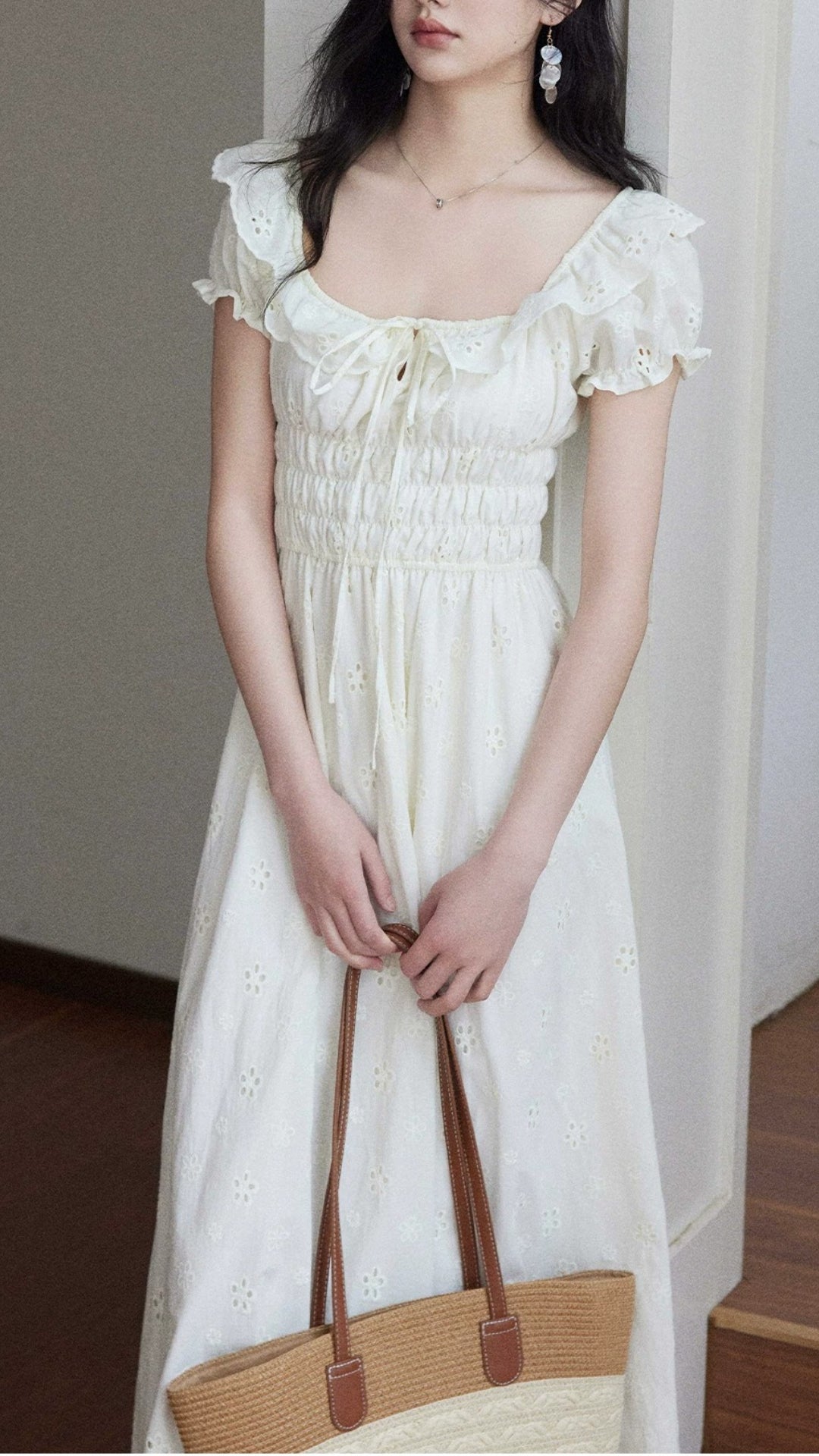 Vintage Apricot 100% Cotton Eyelet Embroidery Ruffle Sleeve Midi Dress