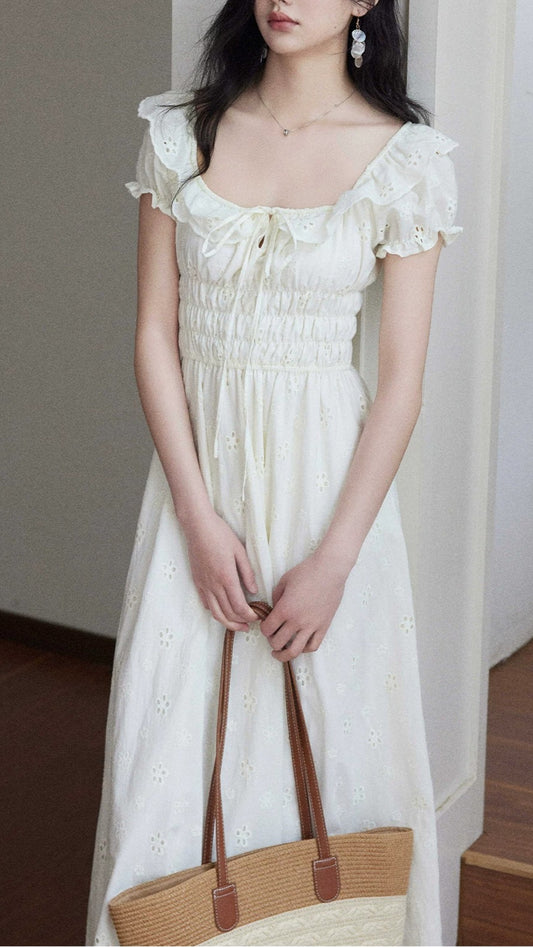 Vintage Apricot 100% Cotton Eyelet Embroidery Ruffle Sleeve Midi Dress
