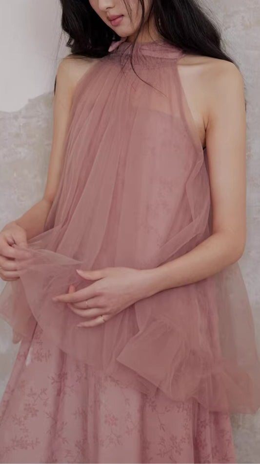 Plus Size Pink Two-Piece Look Sleeveless Dress Summer