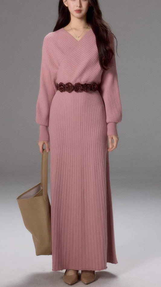 Dusty Pink V Neck Ribbed Knit Belted Maxi Dress Fall