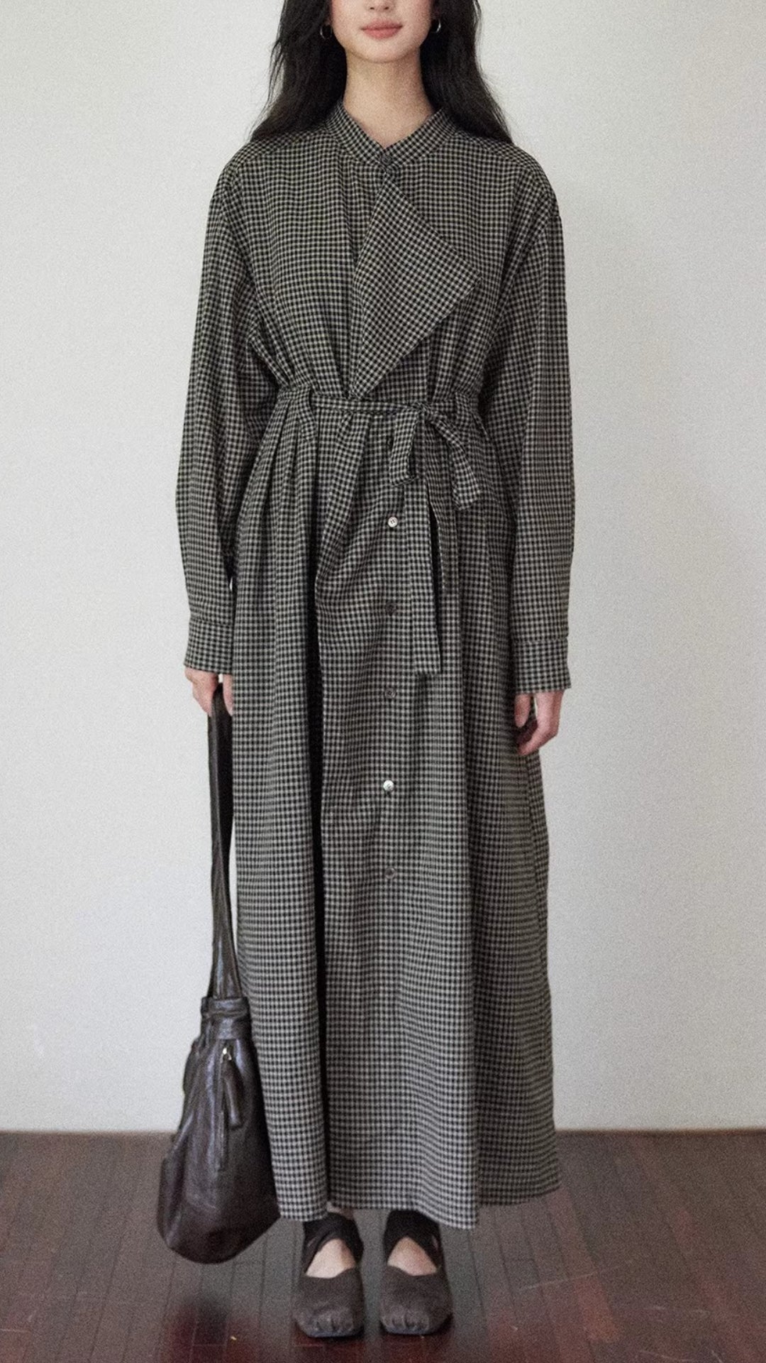 Plus Size Brown Gingham Stand Collar Long Sleeve Waist Tie Button Up Maxi Shirt Dress