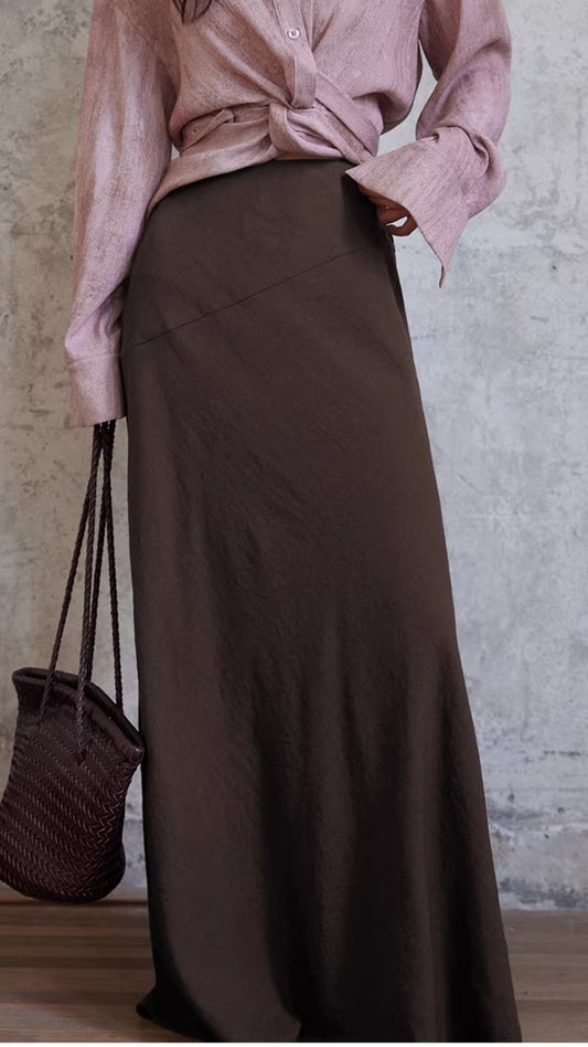 Plus Size Dark Brown High Waist Asymmetric Seam Flowy Maxi Skirt