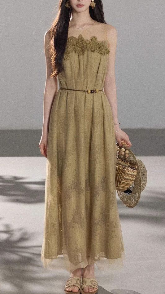 Khaki Sleeveless Lace Maxi Dress (Belt Not Included)