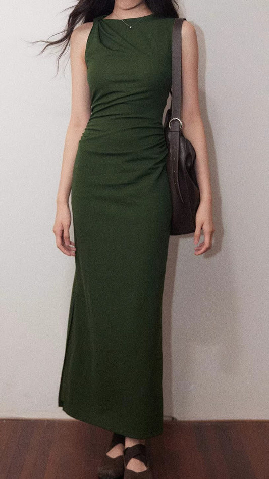 Plus Size Dark Green Draped Neck Sleeveless Ruched Bodycon Maxi Dress