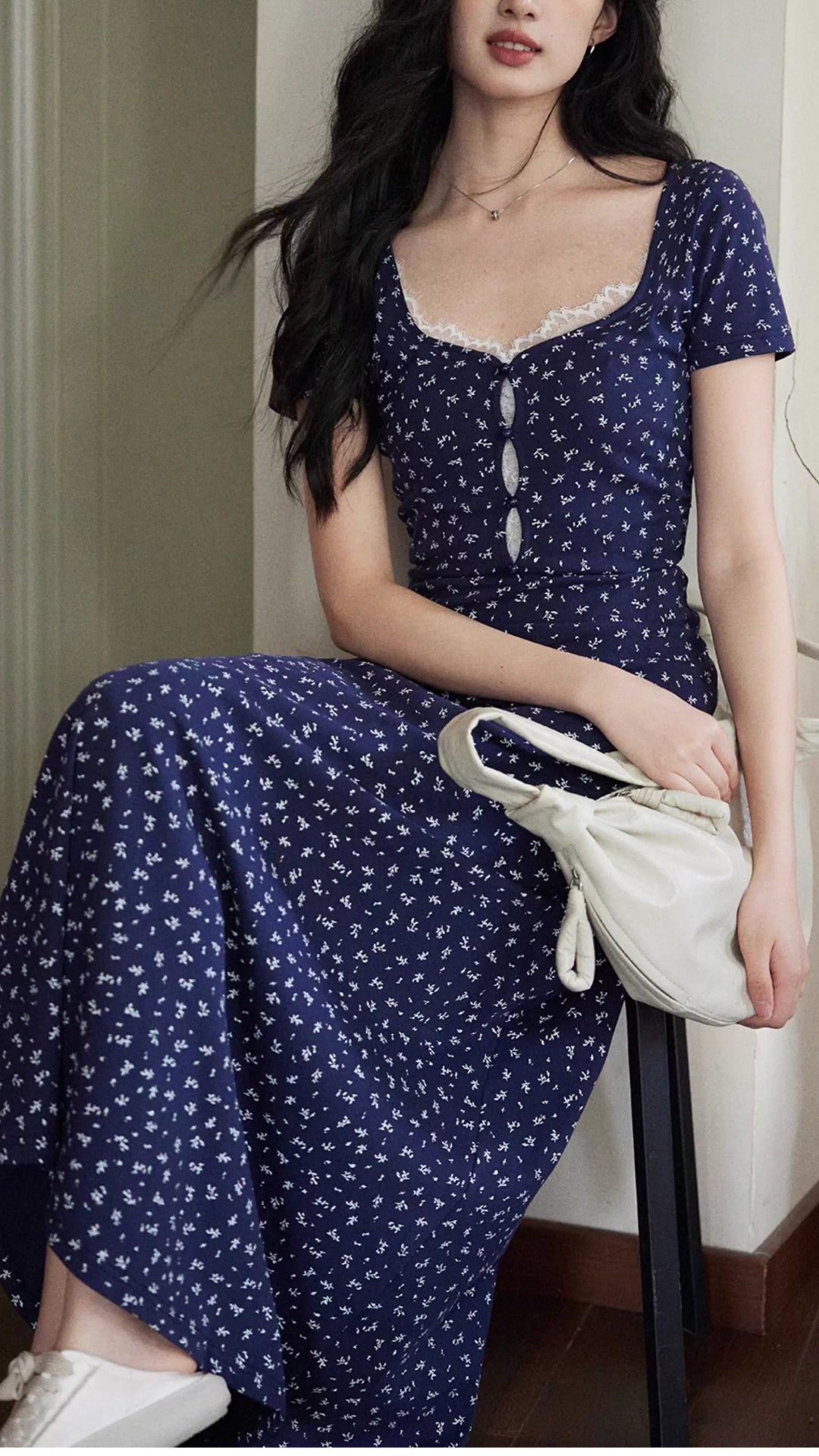 Navy Blue Ditsy Floral Square Neck Lace Trim Short Sleeve Maxi Dresses Summer