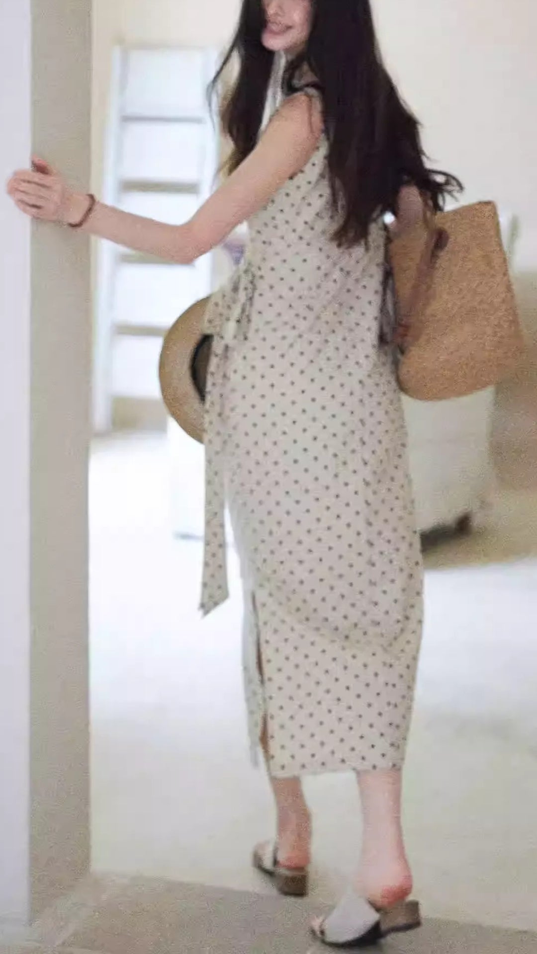 Plus Size Beige Polka Dot Sleeveless Wrap Tie Waist Slit Midi Dresses Summer