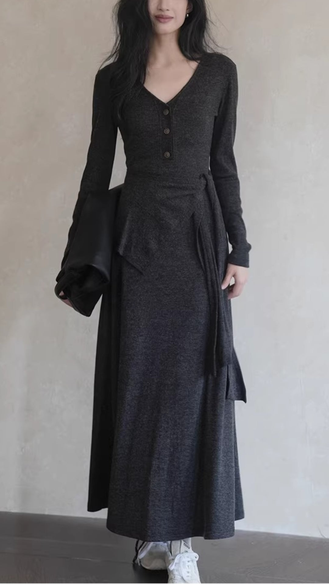 Plus Size Dark Gray V-Neck Button Front Long Sleeve Wrap Waist Maxi Dress