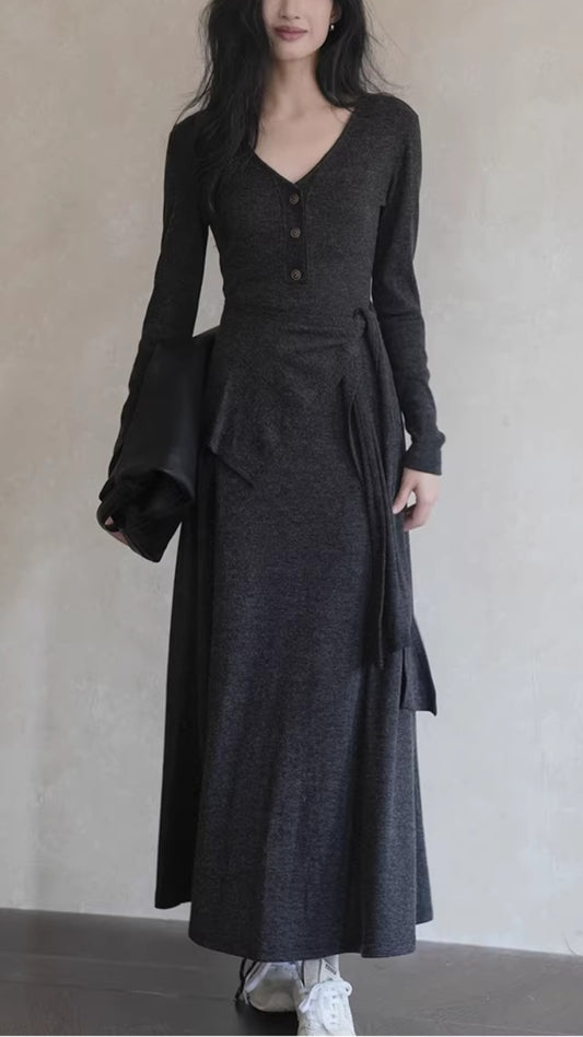 Plus Size Dark Gray V-Neck Button Front Long Sleeve Wrap Waist Maxi Dress