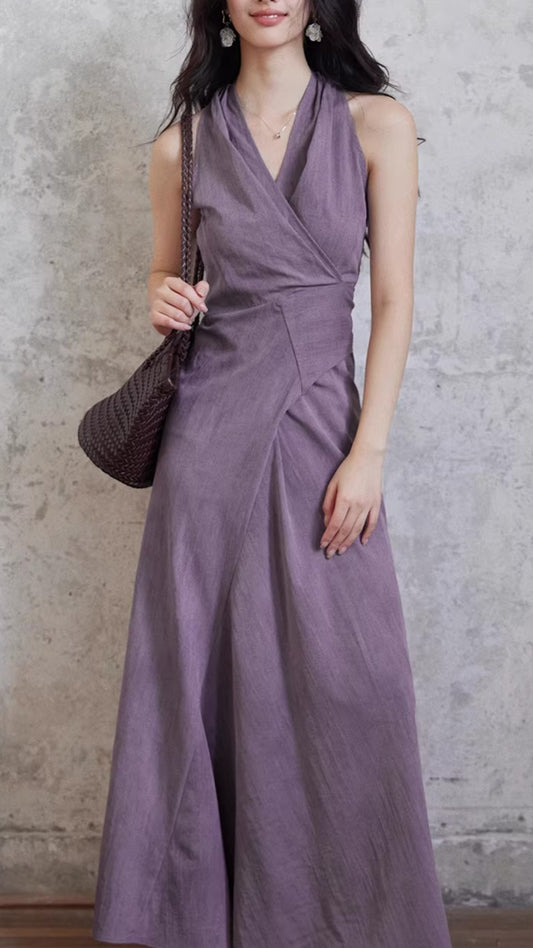 Plus Size Dusty Purple Halter Neck Wrap Waist Sleeveless Maxi Dress