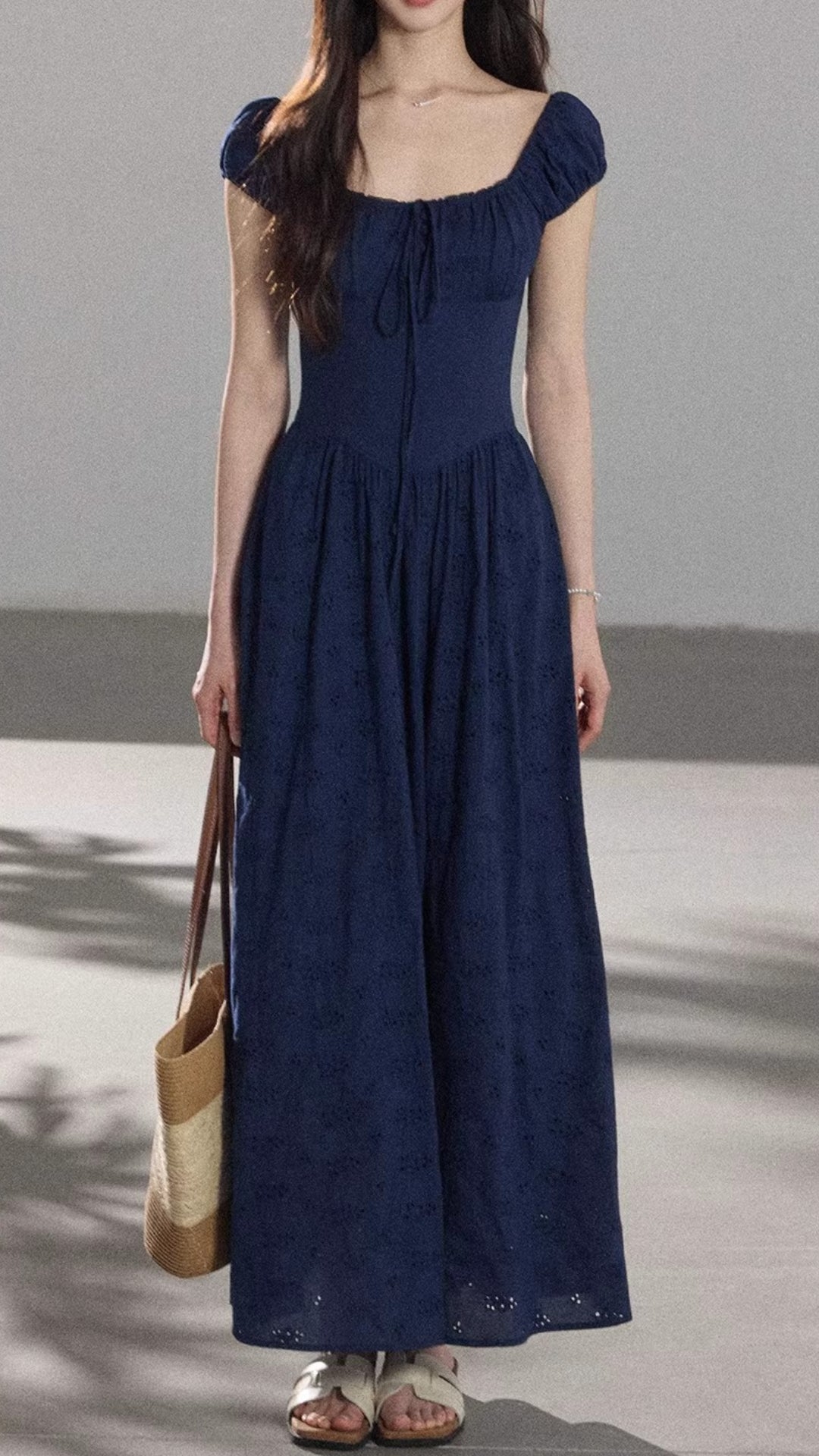 Plus Size Navy Blue Square Neck Puff Sleeve Tie Detail Eyelet Embroidered Maxi Dress