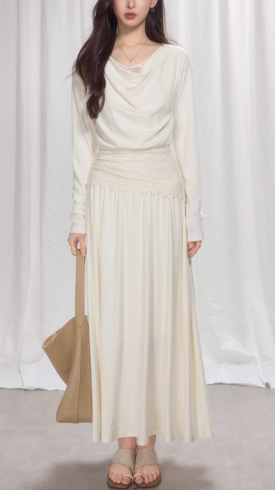 Plus Size Cream Cowl Neck Long Sleeve Lace Trim Ruched Waist Maxi Dress