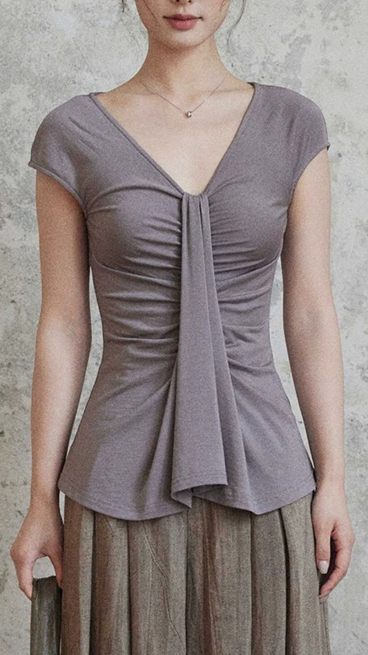 Gray V-neck Ruched Draped Short Sleeve Top
