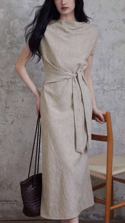 Beige Cowl Neck Short Sleeve Belted Waist Maxi Dresses Summer
