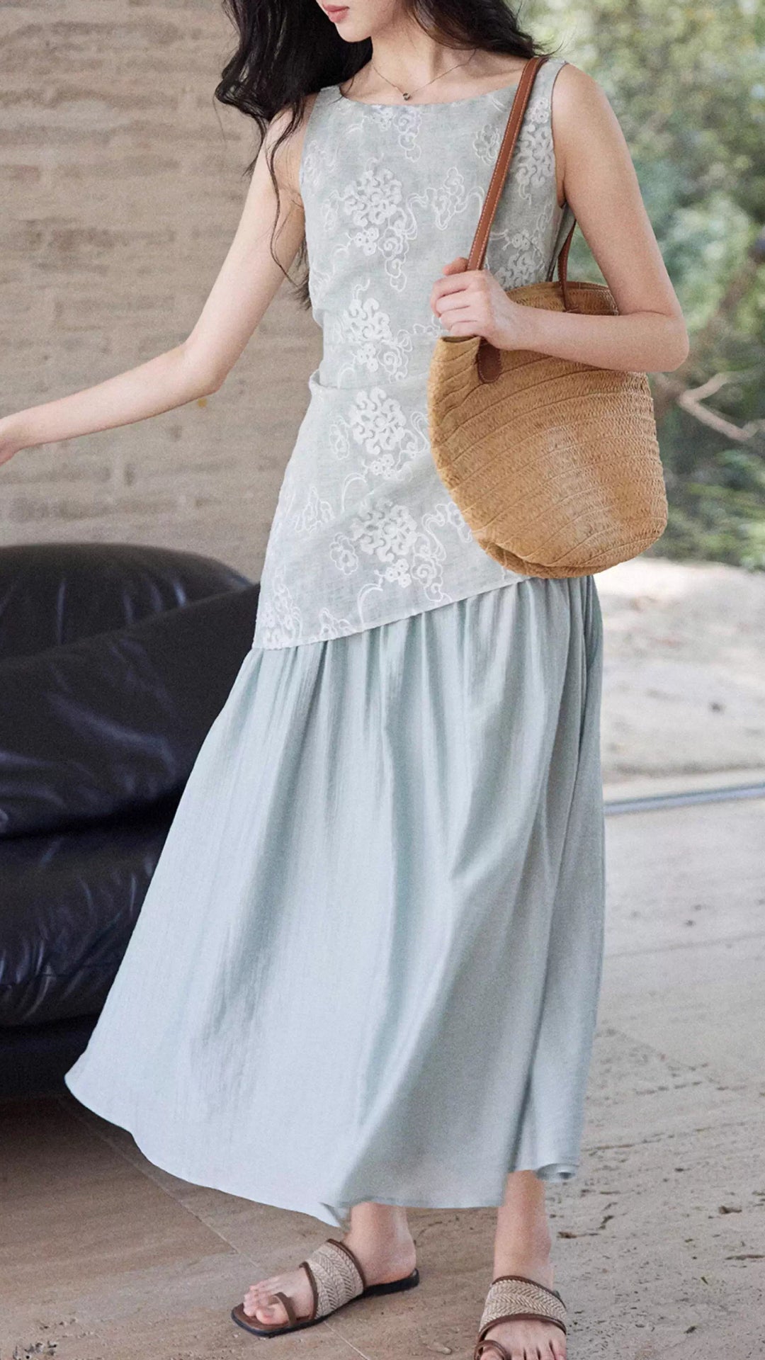 Plus Size Light Blue Sleeveless Boat Neck Asymmetric Embroidered Maxi Dress