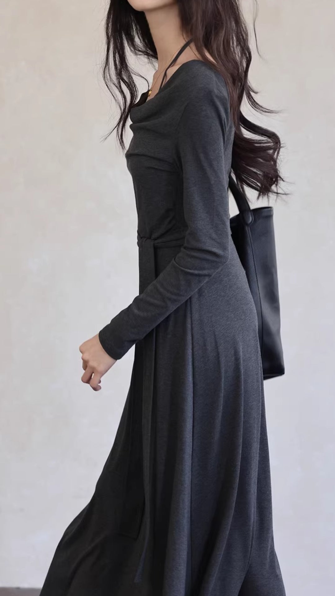 Dark Gray Cowl Neck Long Sleeve Ruched Belted Maxi Dresses Spring Summer