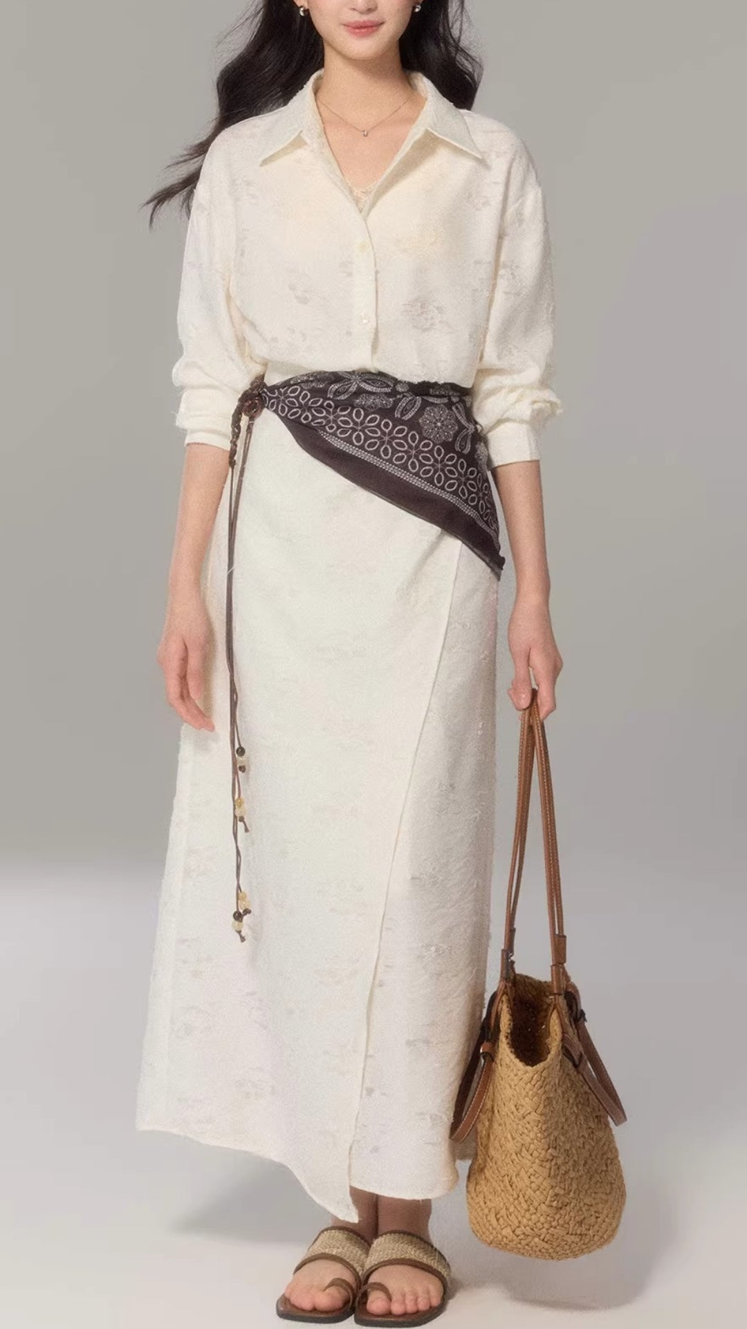 Elegant Cream Long Sleeve Ruched Waist Midi Shirt Dress