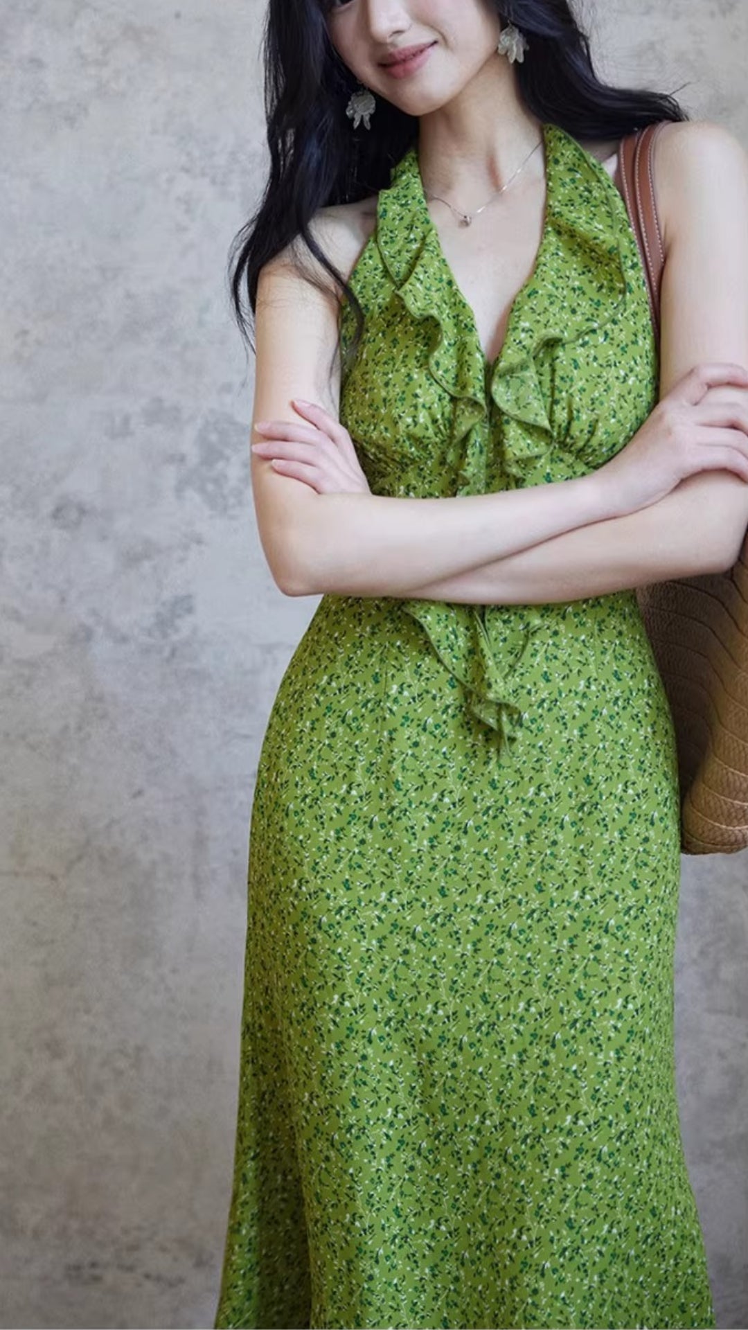Green Floral Print Halter Neck Ruffle Trim Maxi Dresses Summer