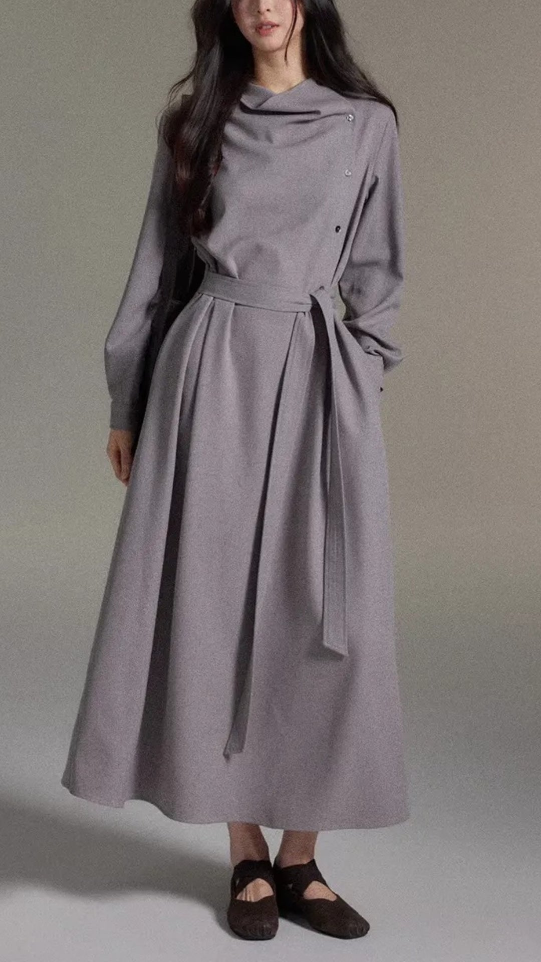 Beige Stand Collar Button Side Belted Waist Long Sleeve Maxi Dresses Spring