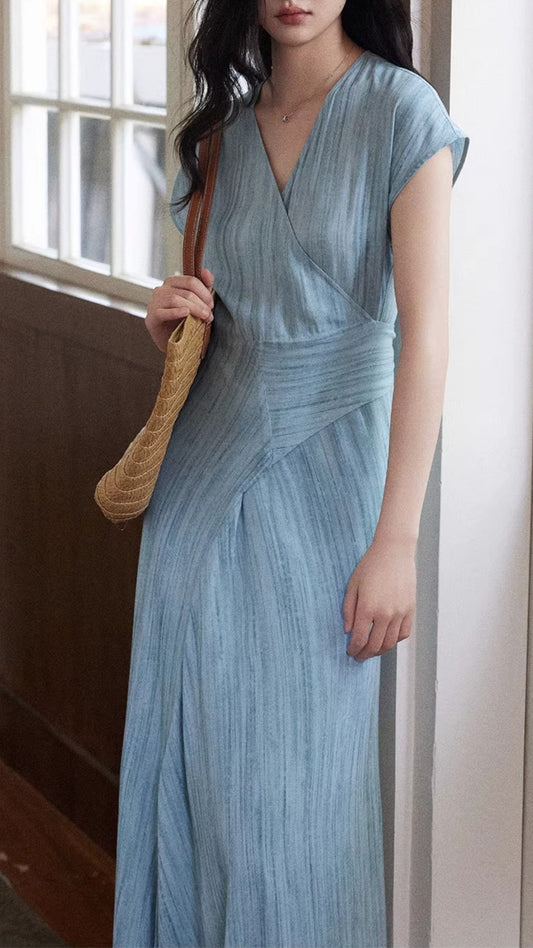 Elegant Light Blue V Neck Wrap Ruched Waist Short Sleeve Midi Dress