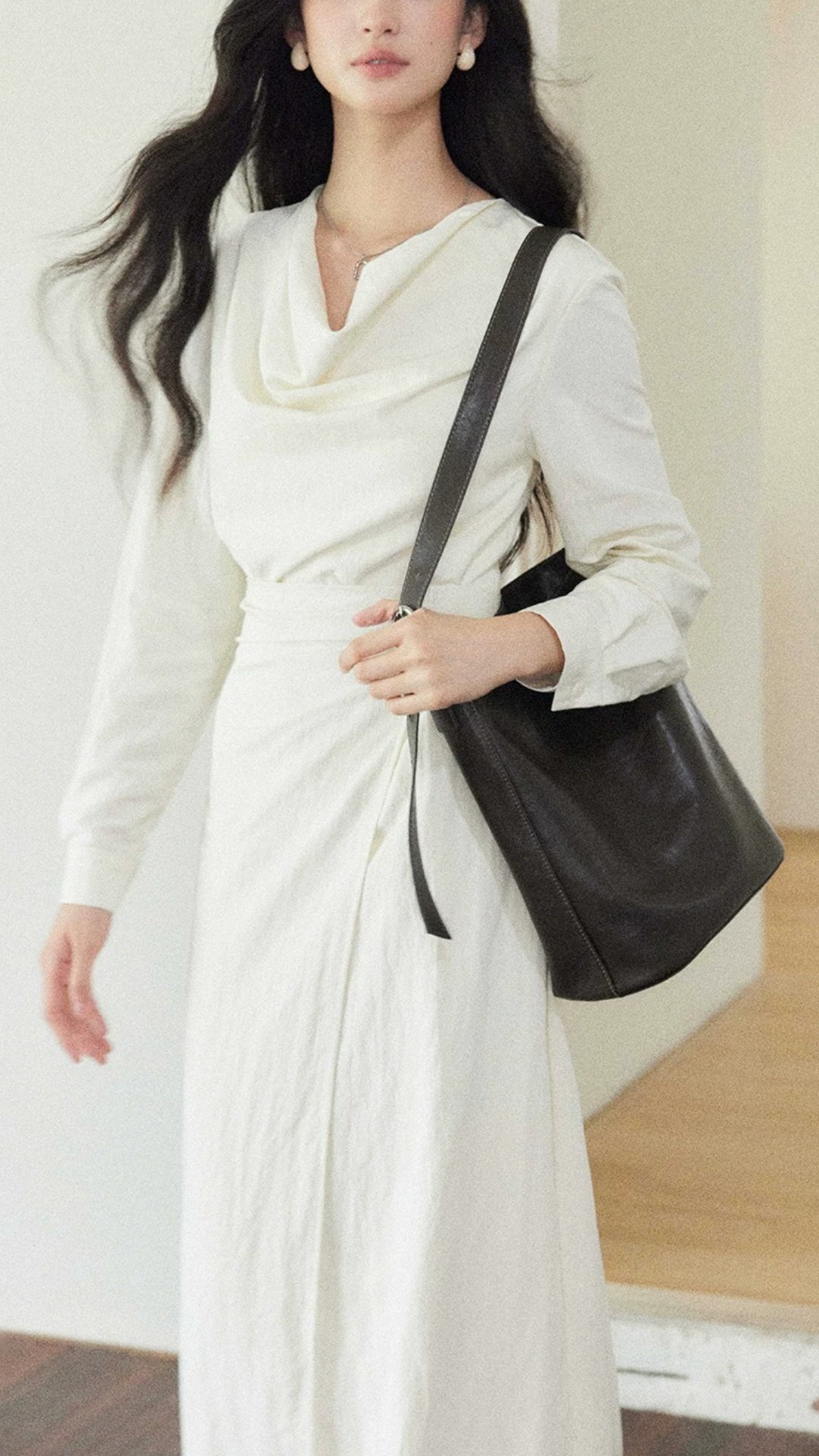 Minimalist Beige Cowl Neck Long Sleeve Belted Wrap Midi Dress