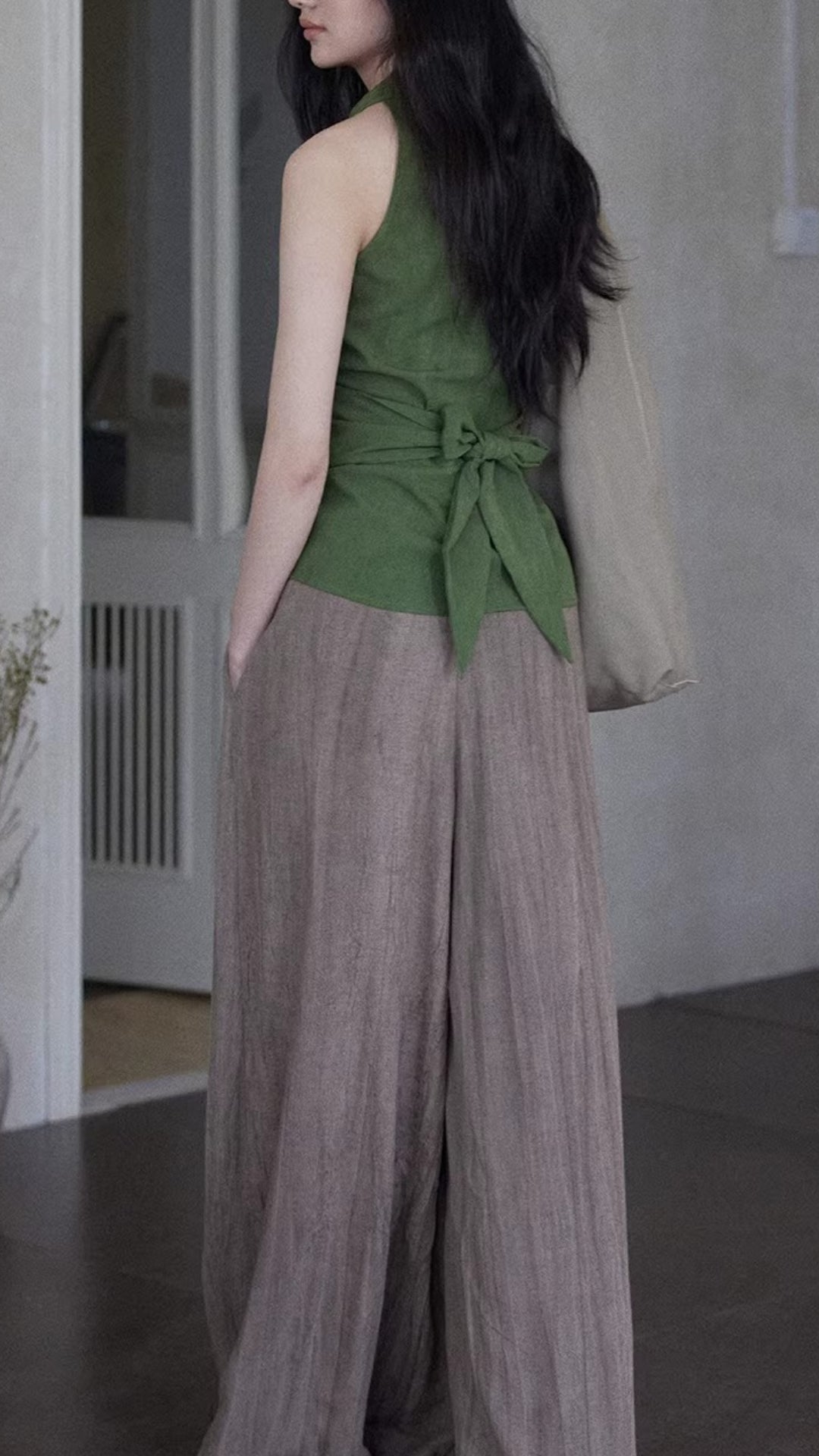 Green Draped V Neck Sleeveless Ruched Waist Asymmetrical Hem Blouse Tops Summer