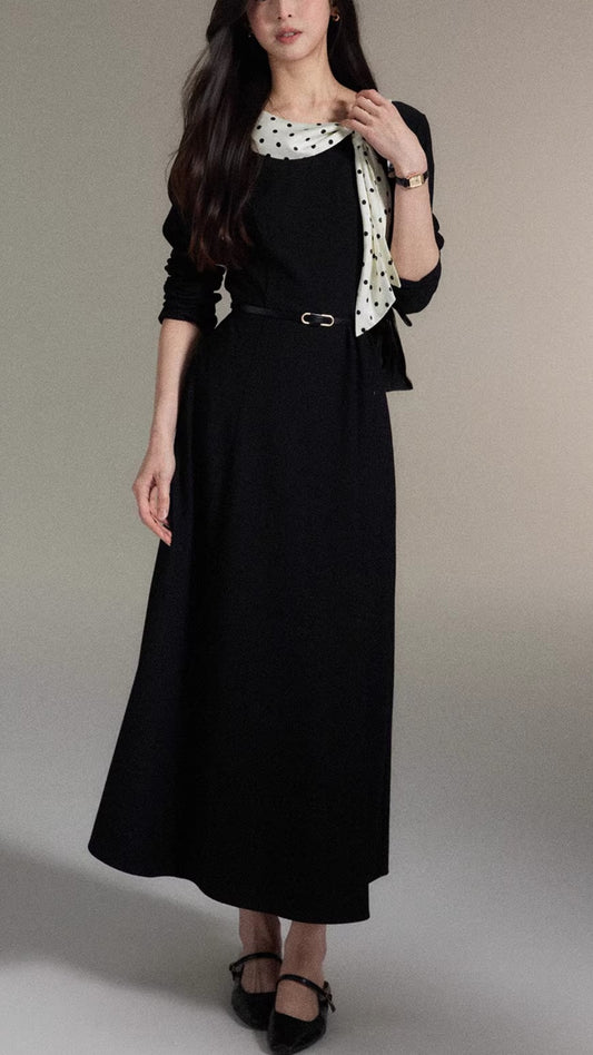Black Polka Dot Scarf Collar Belted Long Sleeve Maxi Dresses Fall