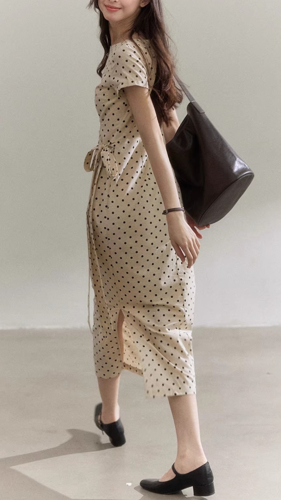 Plus Size Beige Polka Dot Ruched Tie Waist Midi Tencel Dress With Slit