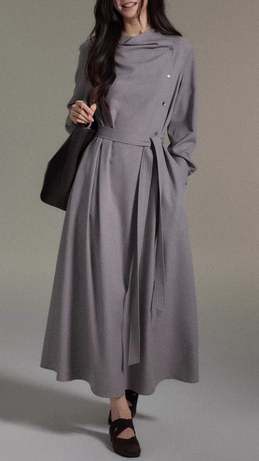 Elegant Gray Cowl Neck Long Sleeve Midi Dress