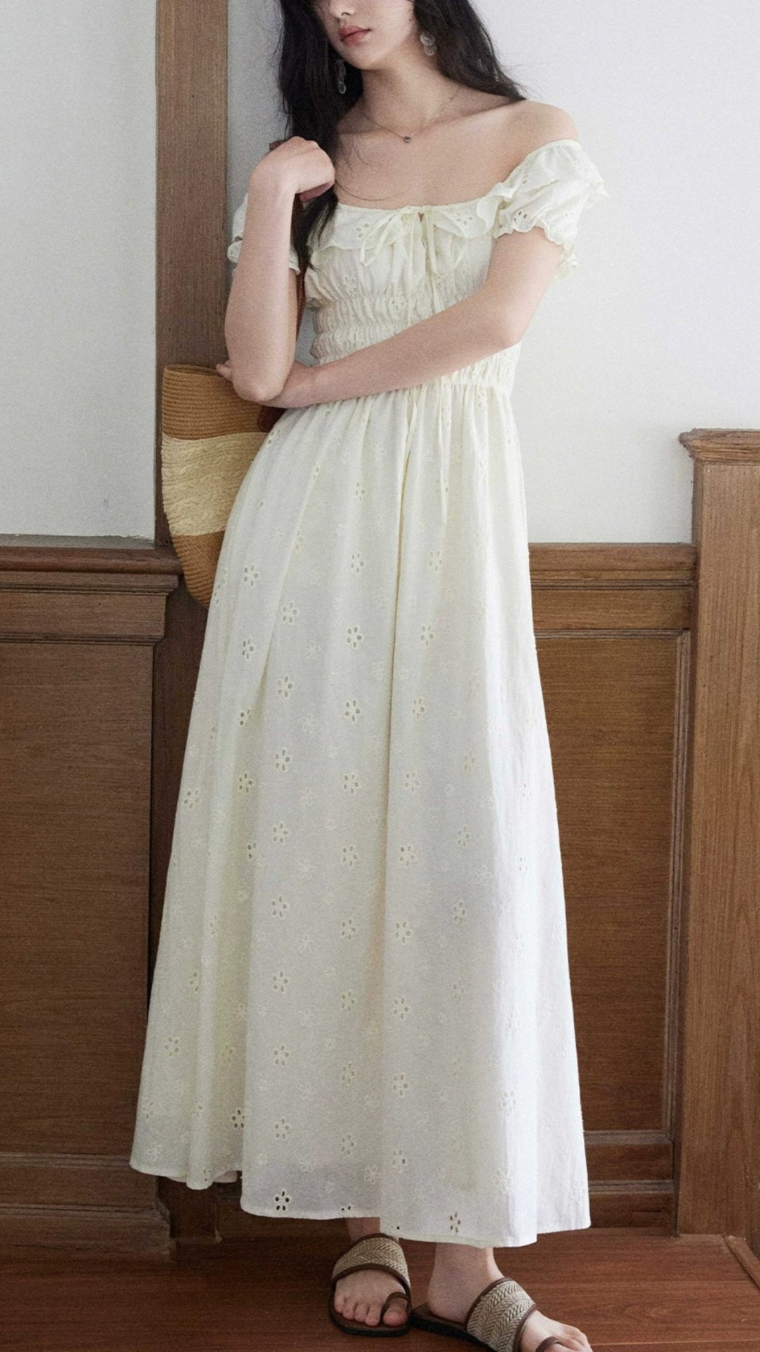 Vintage Apricot 100% Cotton Eyelet Embroidery Ruffle Sleeve Midi Dress