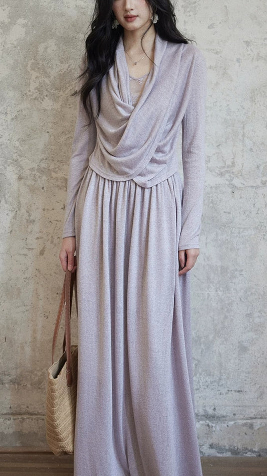 Vintage Light Purple Cowl Neck Knit Faux Two Piece Long Sleeve Maxi Dress