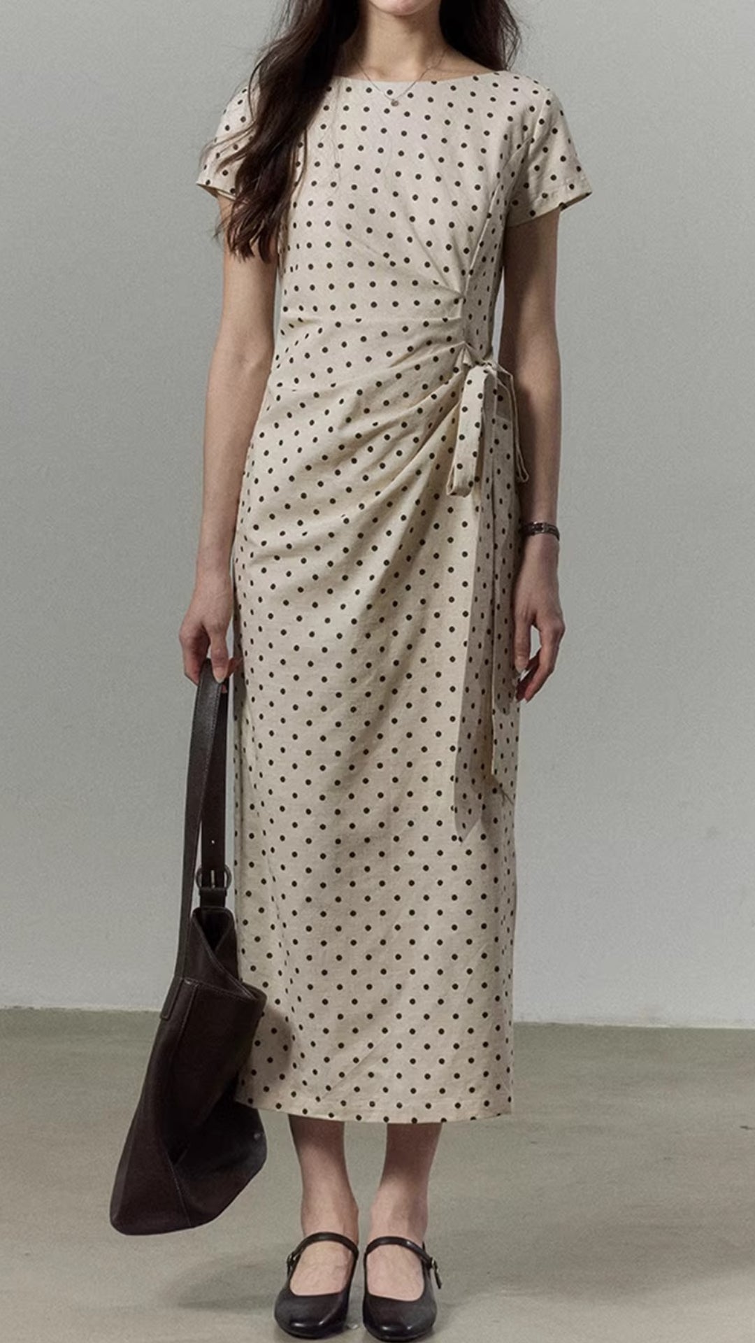 Plus Size Beige Polka Dot Ruched Tie Waist Midi Tencel Dress With Slit