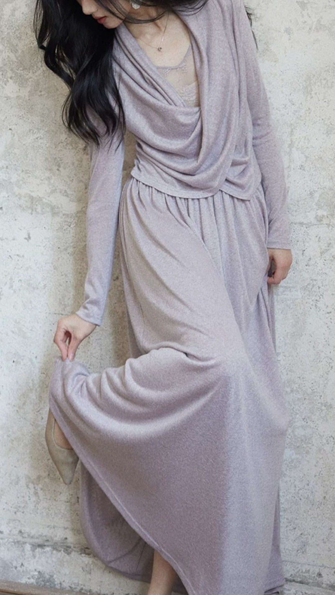 Vintage Light Purple Cowl Neck Knit Faux Two Piece Long Sleeve Maxi Dress