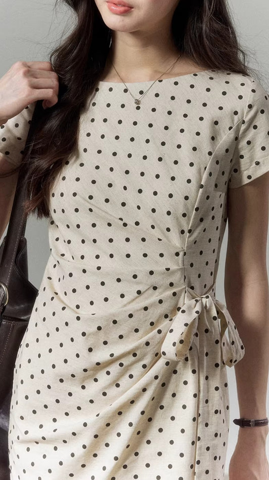 Plus Size Beige Polka Dot Ruched Tie Waist Midi Tencel Dress With Slit