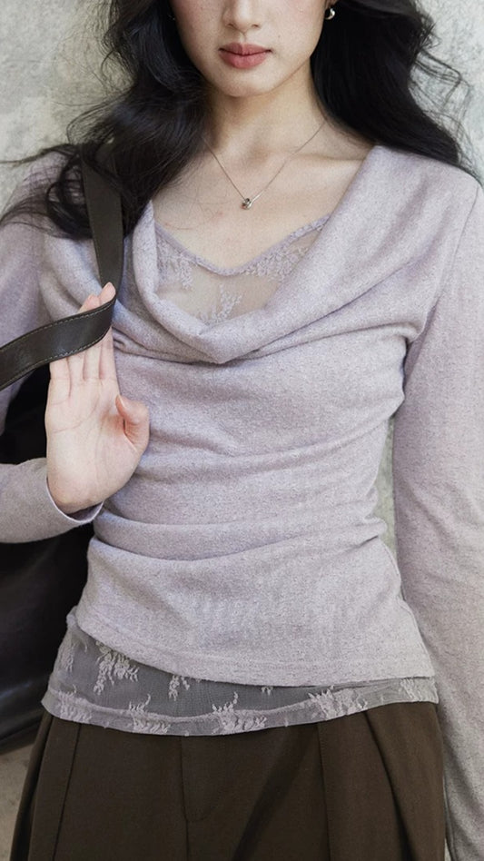 Light Purple Draped Neck Ruched Long Sleeve Lace Top