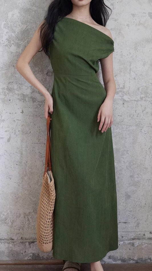 Plus Size Green Off-the-Shoulder Draped Detail High Waist Flowy Maxi Dress
