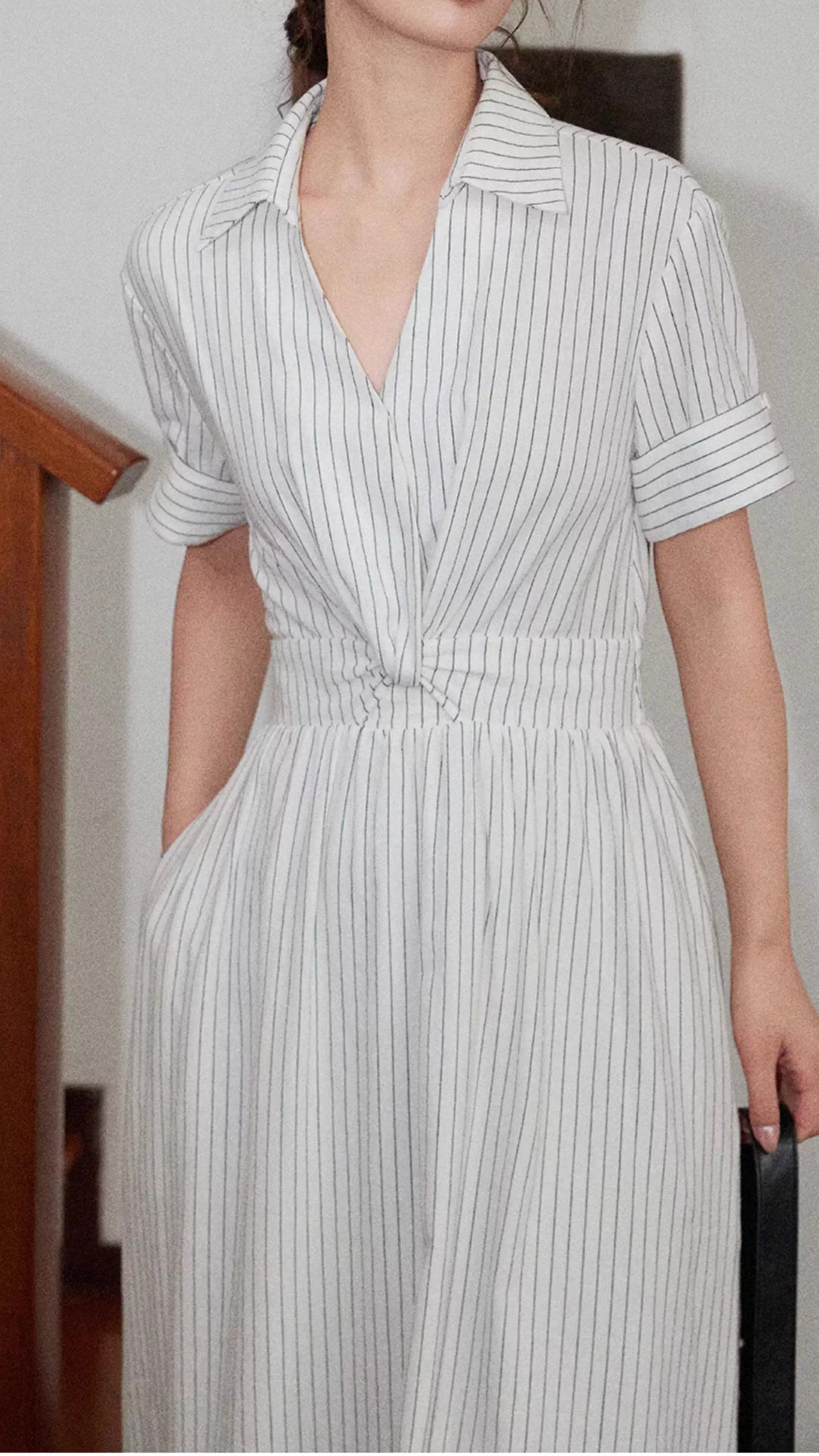 Elegant White Striped Collared Midi Shirt Dress