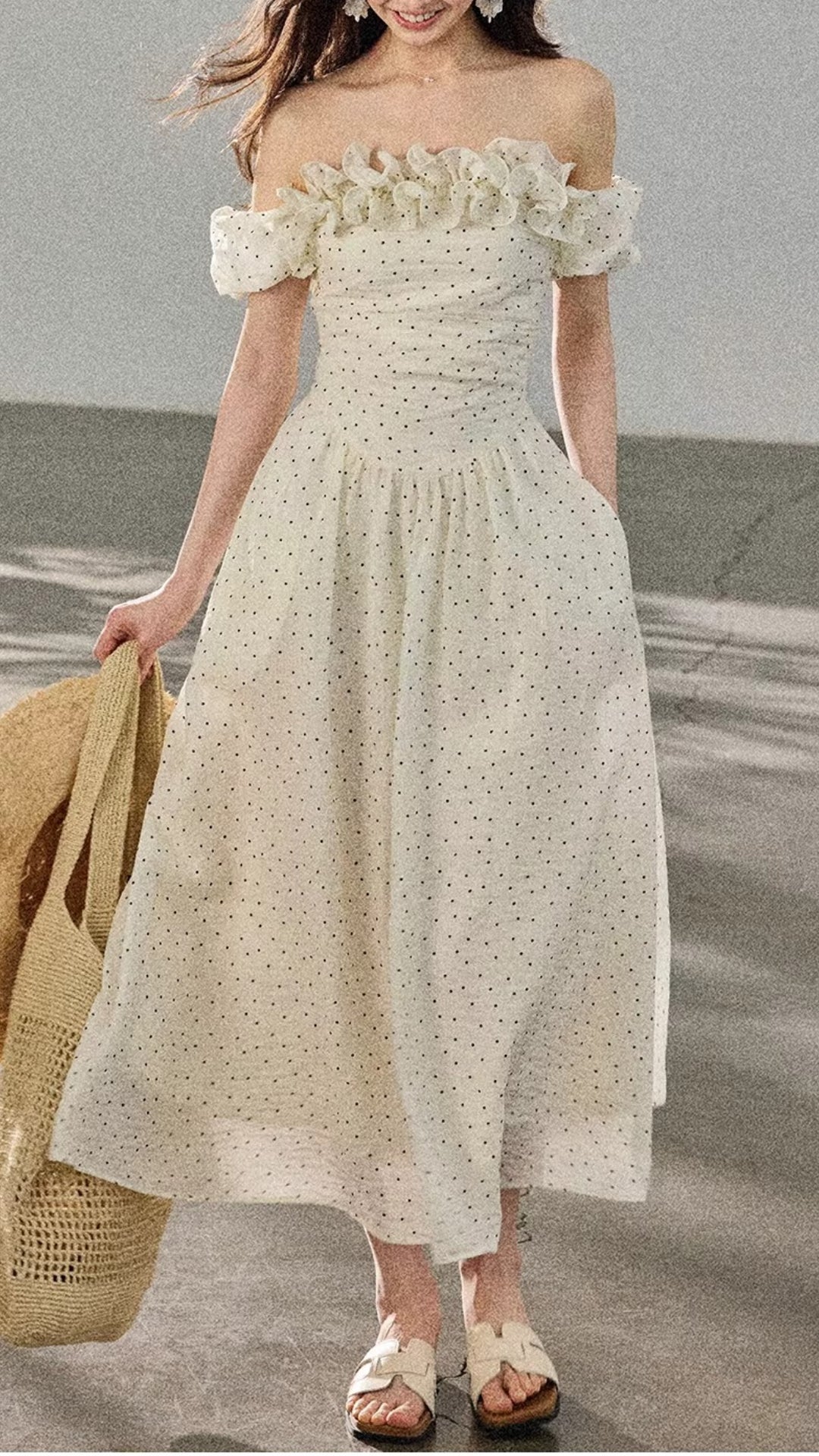 Elegant Cream Polka Dot Off-the-Shoulder Ruffle Midi Dress