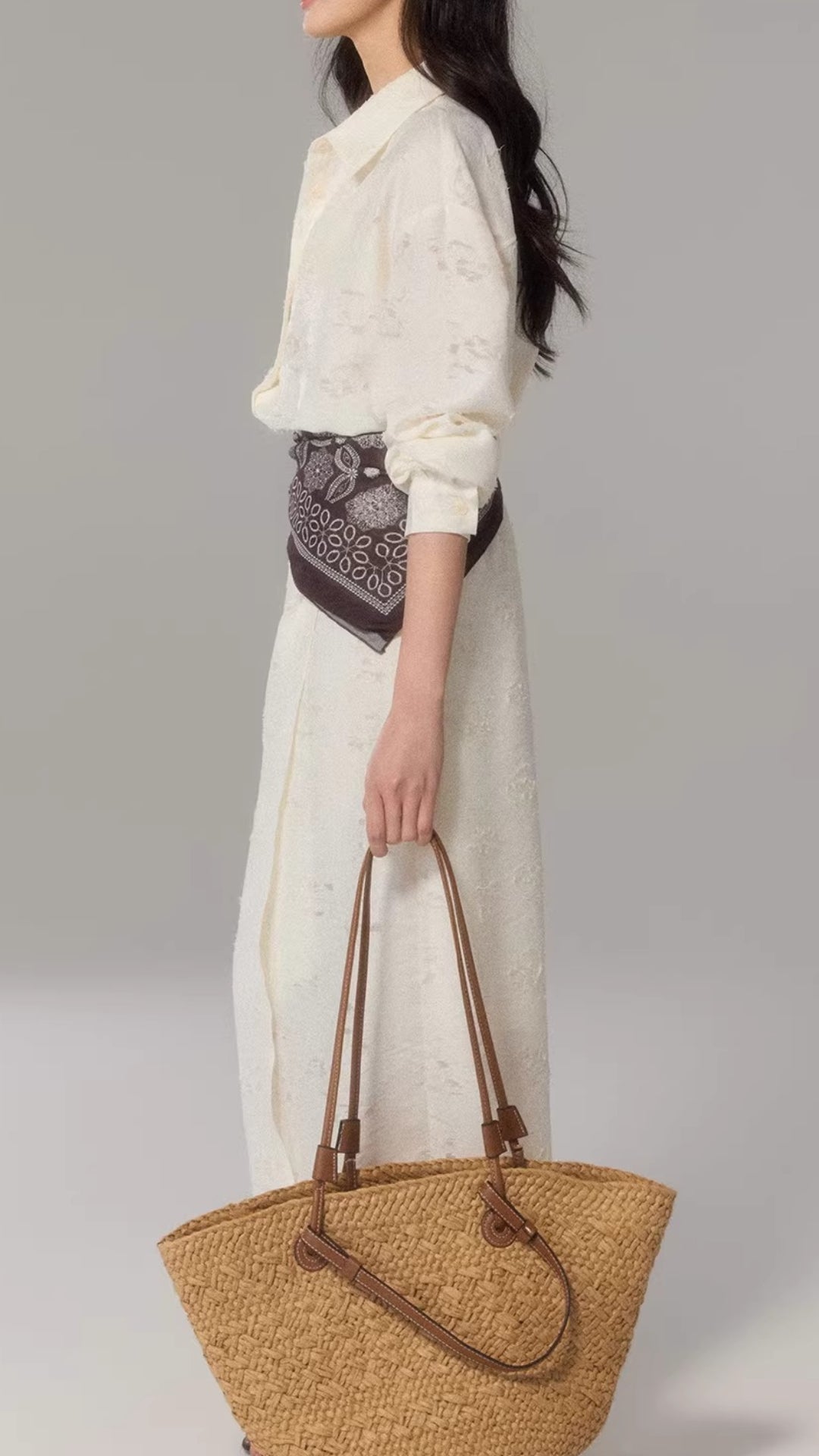 Elegant Cream Long Sleeve Ruched Waist Midi Shirt Dress