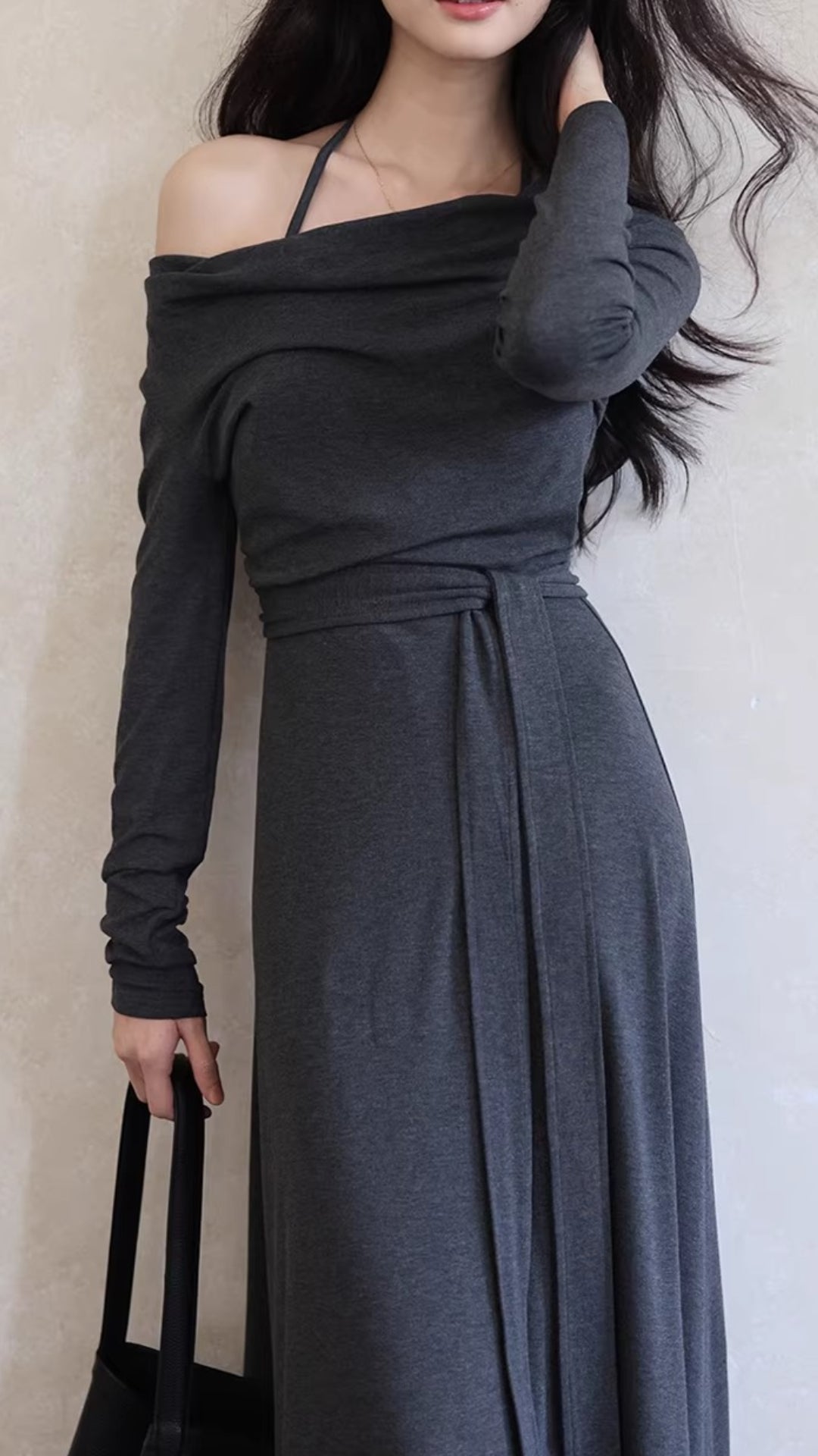 Dark Gray Cowl Neck Long Sleeve Ruched Belted Maxi Dresses Spring Summer