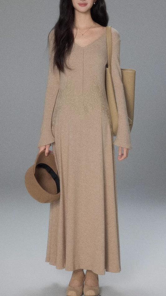 Beige V-Neck Long Sleeve Lace Patchwork Fitted Maxi Knit Dress