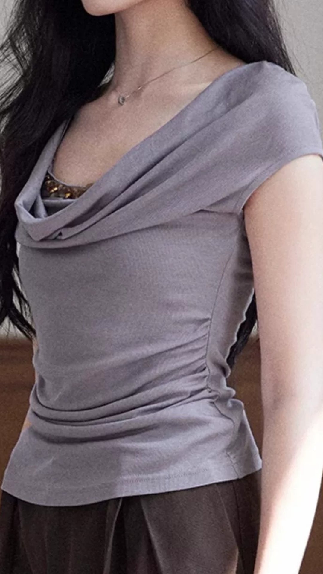Gray Cowl Neck Ruched Short Sleeve Top