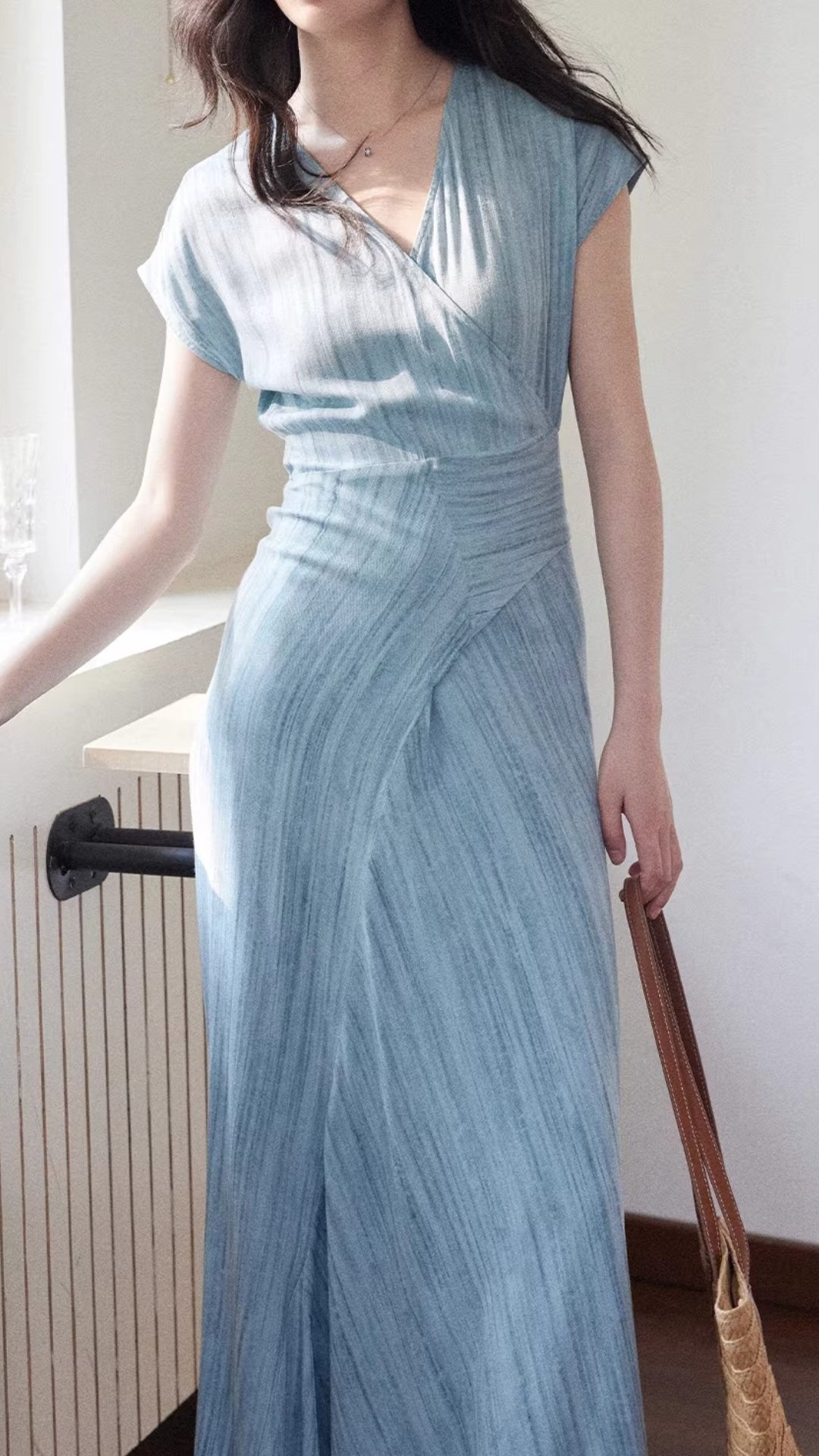 Elegant Light Blue V Neck Wrap Ruched Waist Short Sleeve Midi Dress