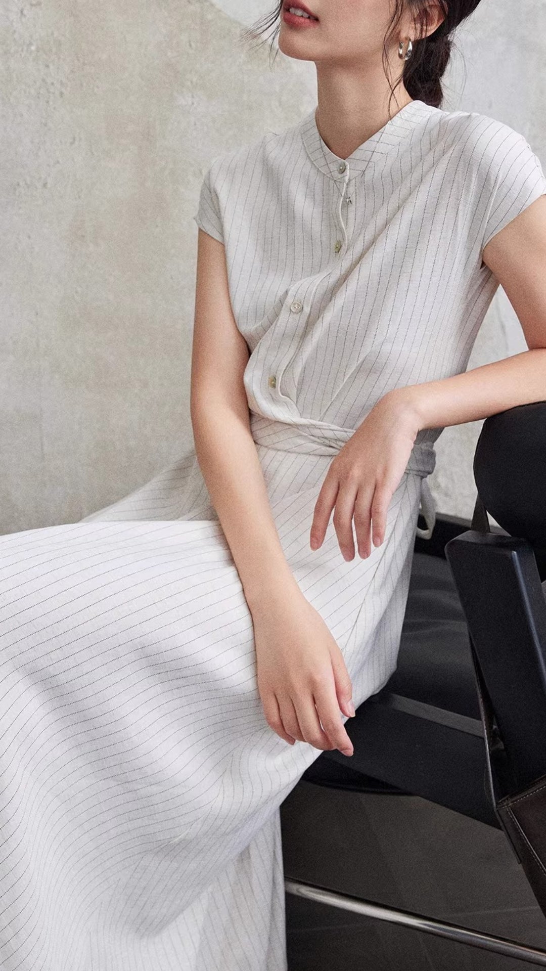 Light Gray Striped Stand Collar Button Front Cap Sleeve Waist Tie Maxi Dresses Summer