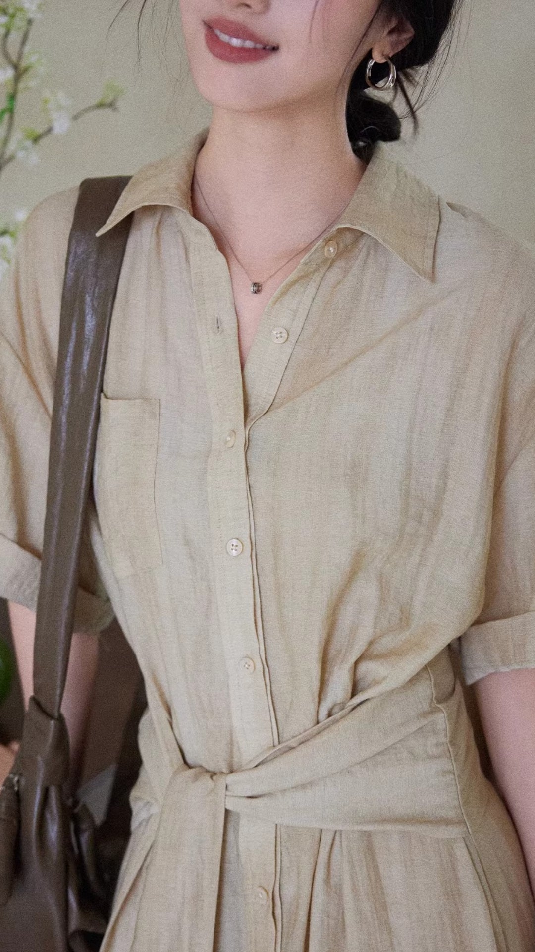 Casual Beige Belted Midi Shirt Dress