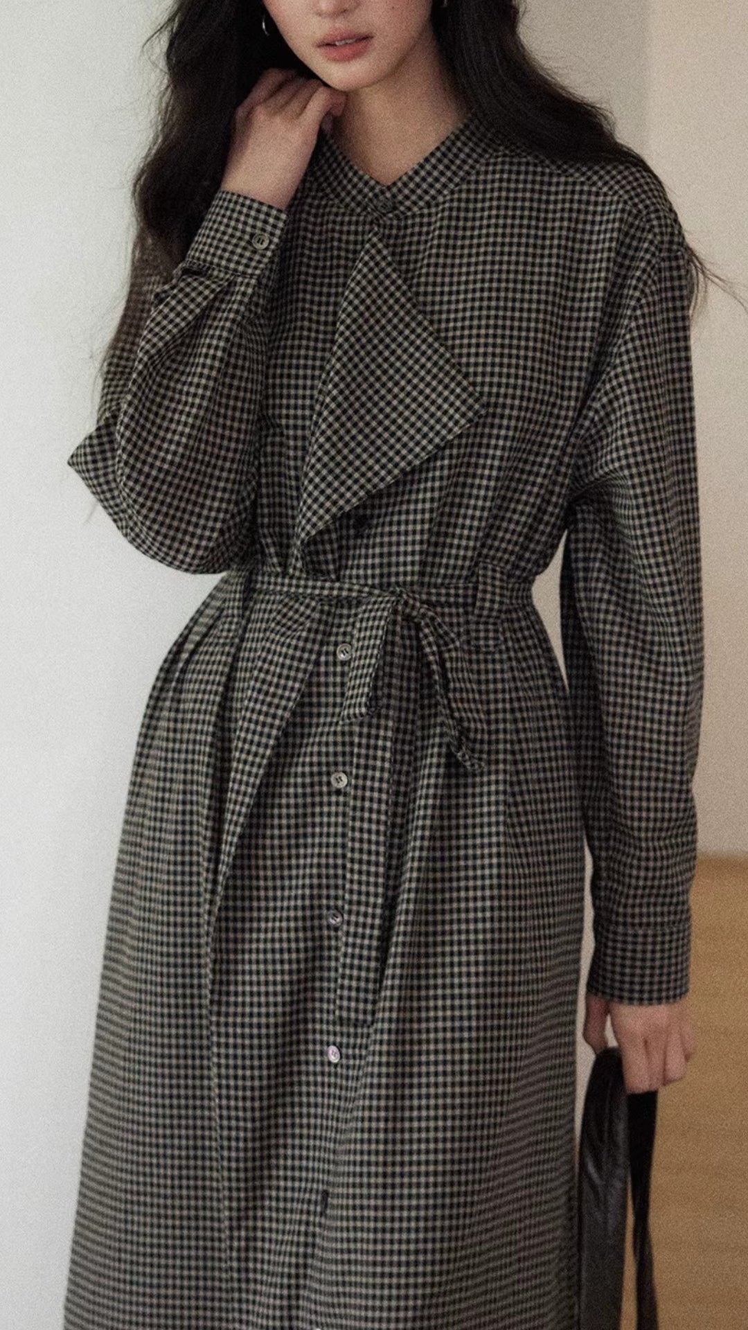 Plus Size Brown Gingham Stand Collar Long Sleeve Waist Tie Button Up Maxi Shirt Dress