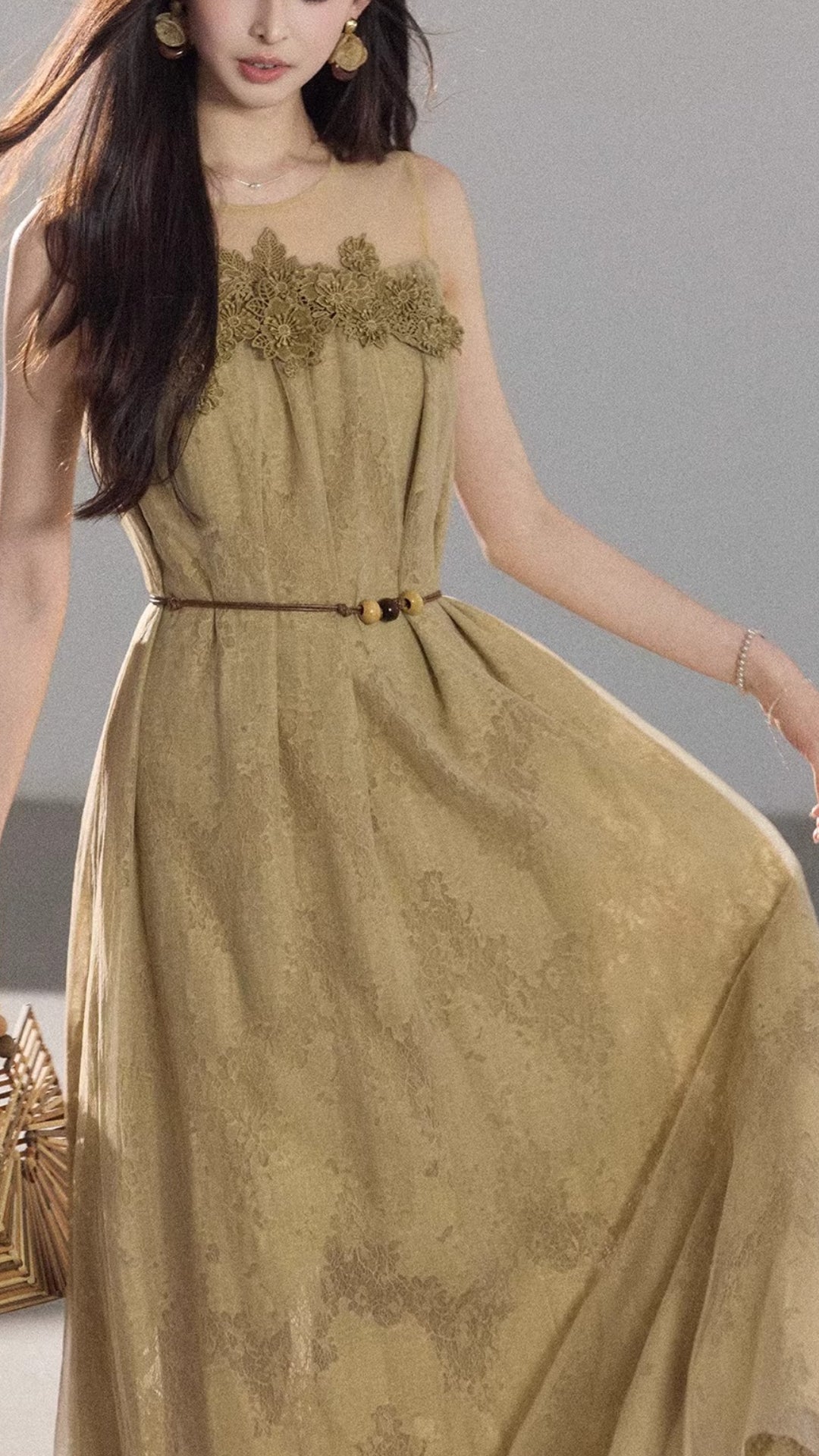 Khaki Sleeveless Lace Maxi Dress (Belt Not Included)