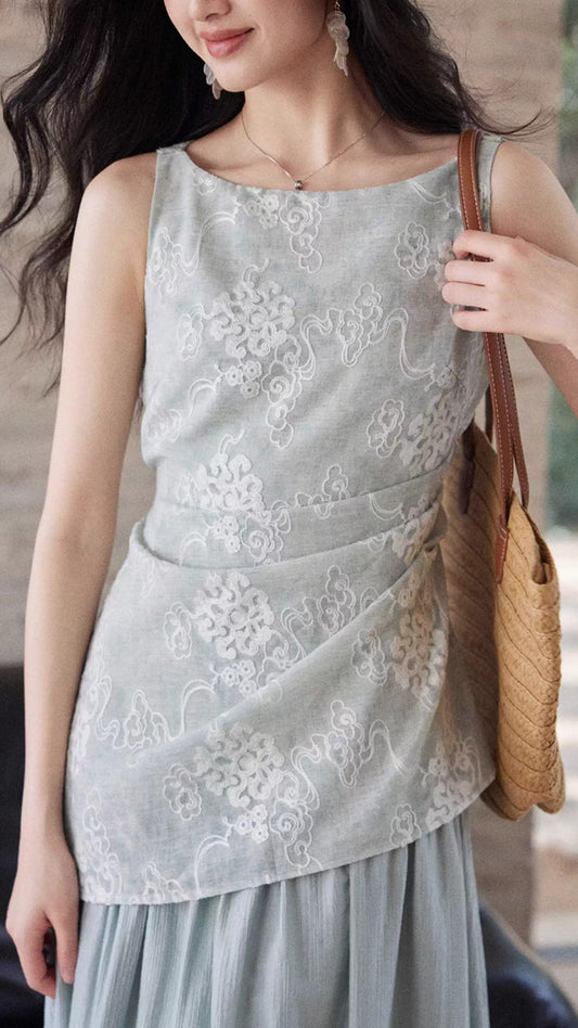 Plus Size Light Blue Sleeveless Boat Neck Asymmetric Embroidered Maxi Dress