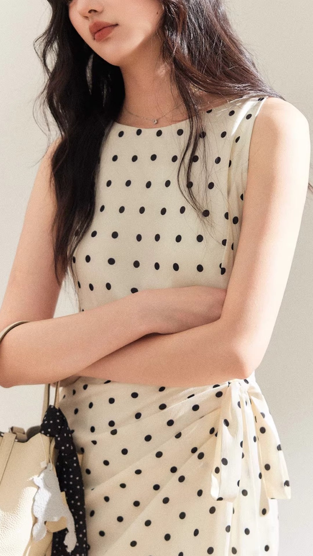 Plus Size Cream Black Polka Dot Boat Neck Sleeveless Wrap Waist Maxi Dress
